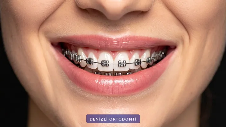 Metal braket ve ark teli takılı dişlerle gülümseyen hasta
