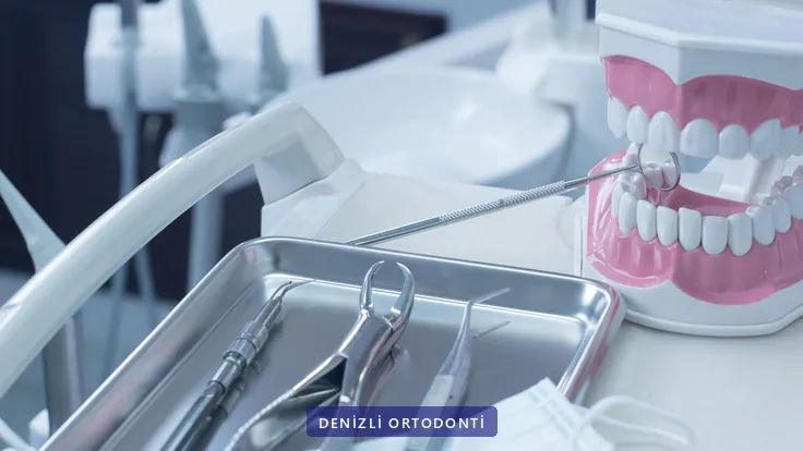 Cerrahi tepside çene modeli ve ortodonti el aletleri