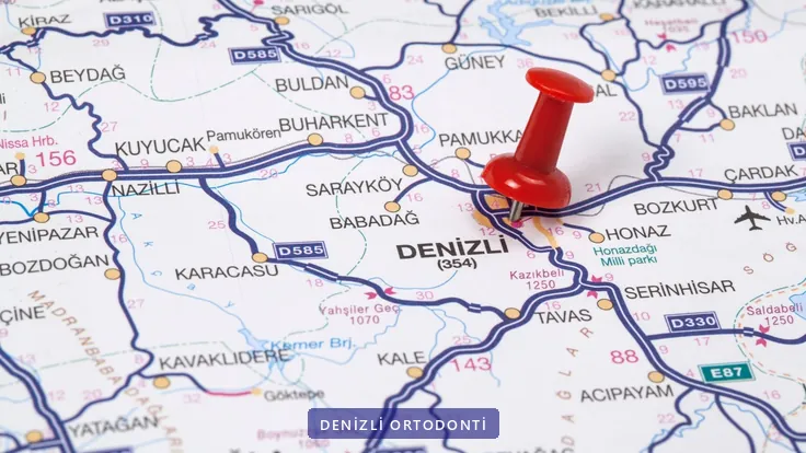 Denizli ve çevresini gösteren harita üzerinde kırmızı raptiye