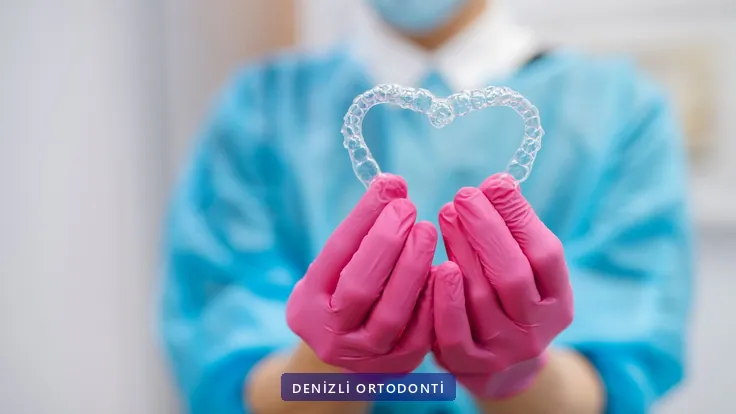 Eldivenli ellerde kalp biçiminde tutulan iki şeffaf plak
