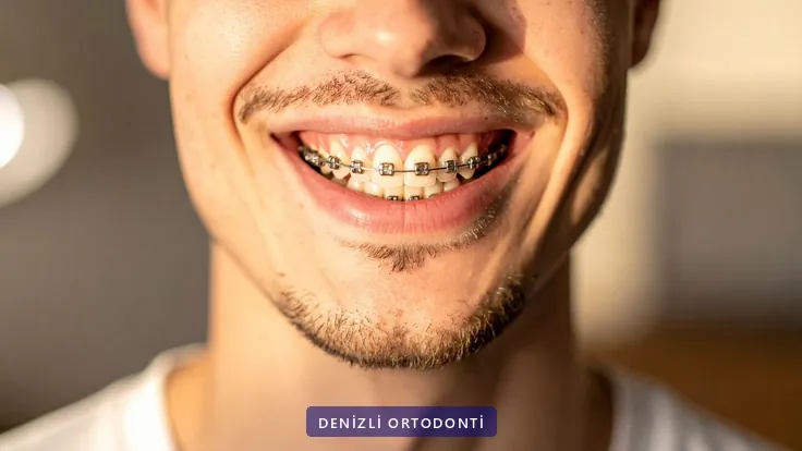 Metal braketleriyle gülümseyen genç erkek