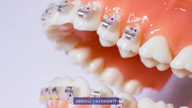 Renkli ligatürlü braketlerin üç boyutlu yakın görünümü