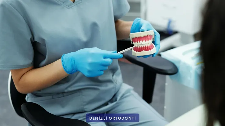 Hekimin çene modeli üzerinde çocuğa fırçalamayı anlatması