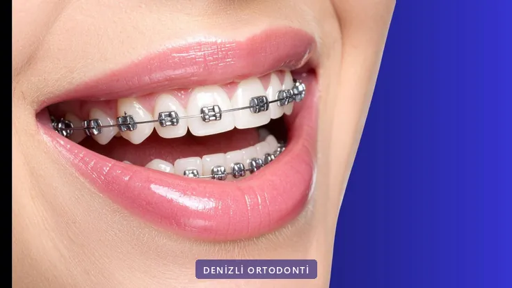 Metal braket ve renkli ligatürlerin dişler üzerindeki görünümü