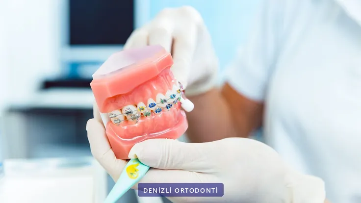 Hekimin braketli çene modeli üzerinde fırçalamayı göstermesi