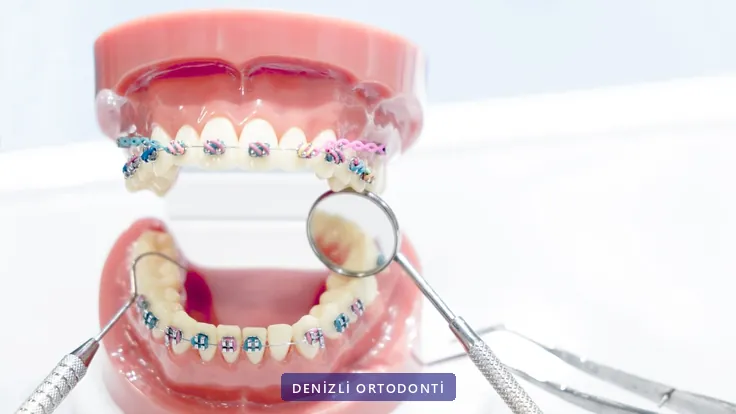 Braketli çene modeli, ağız aynası ve cerrahi el aletleri