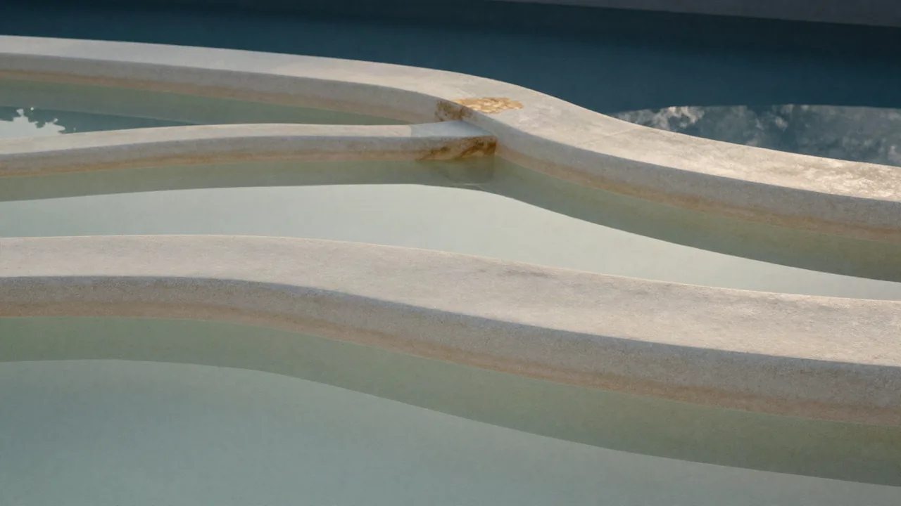 Pamukkale travertenlerini andıran beyaz taş teraslar ve durgun su — Denizli’yi anlatan soyut görsel